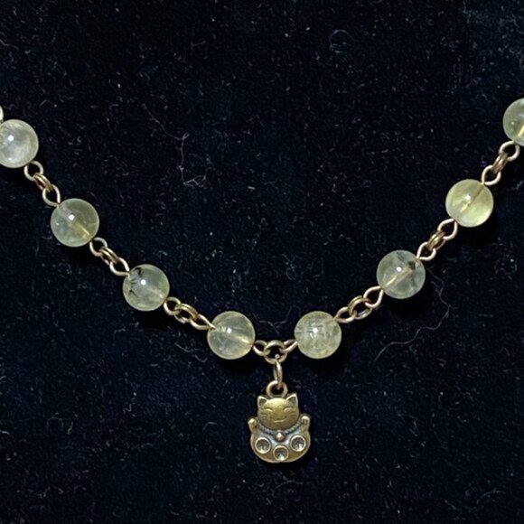 Natural Yellow Green Prehnite Necklace, Bronze Fortune Cat + Genuine Gemstone - Picture 3 of 16